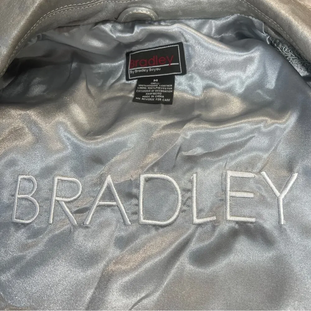 BRADLEY Elegant Silver Metallic Leather Oversize Rhinestone Buttons Jacket M